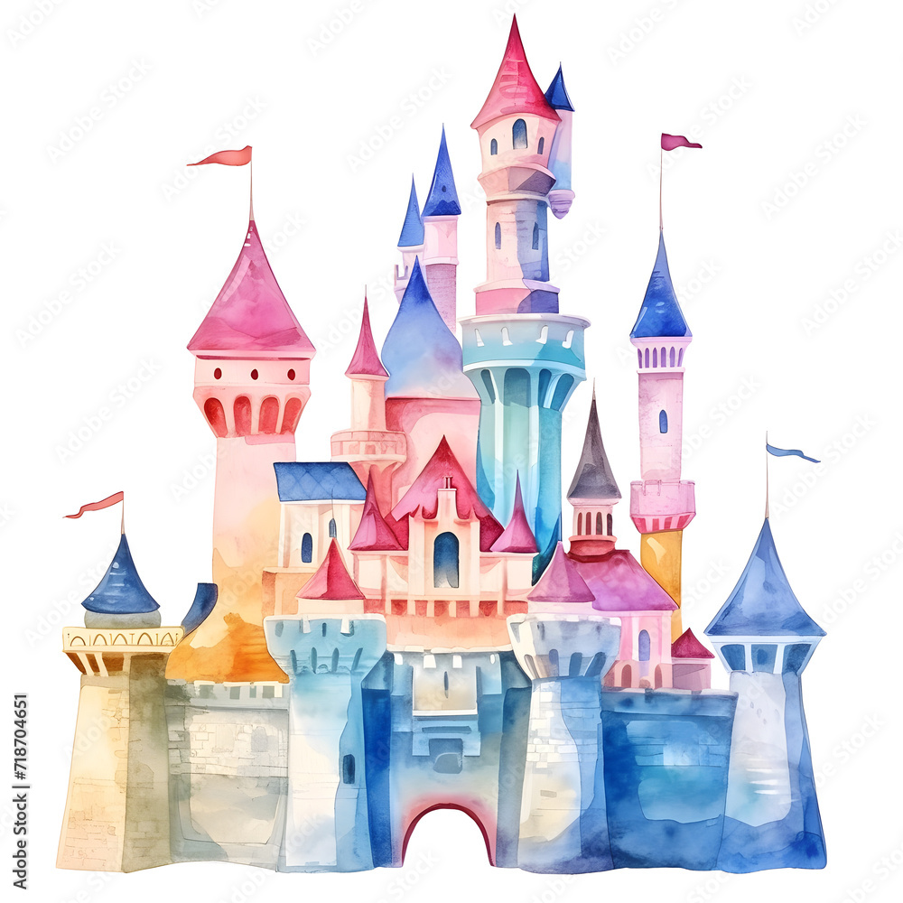 Enchanting Fairy Tale Castle. Watercolor Painting with Vibrant Colors and a Rainbow Palette, Create a Dreamy, Magical, Imaginary, and Whimsical Fantasy World. Vivid Landscape in Artistic Illustration.