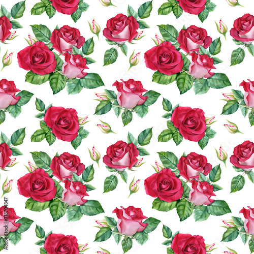 Floral seamless pattern with red Rose blooms, buds and leaves. Botanical watercolor repeat pattern. For wrapping wallpaper fabric textile © Modesta