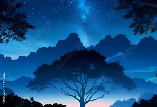 青の星屑と世界樹のシルエット壁紙風背景