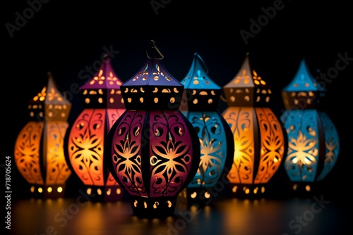 Glowing paper lanterns illuminate the night in a burst of vibrant colors against a dark backdrop.