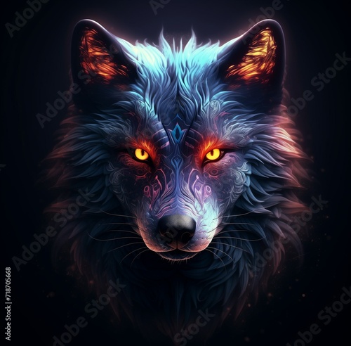 Mystical wolf portrait  Glowing eyes  fractal patterns  and dark allure create a captivating  otherworldly illustration.