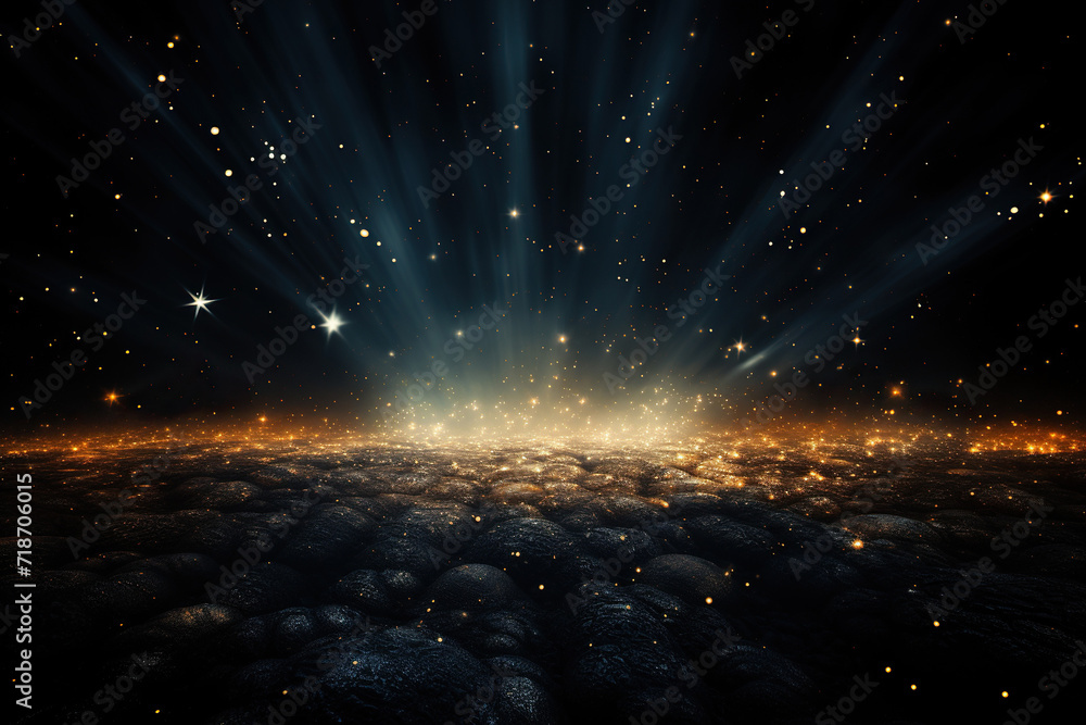 Abstract dark background with sparkles on the sand and golden bokeh in the rays of cold light. Generated by artificial intelligence - obrazy, fototapety, plakaty 