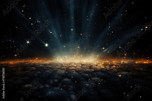 Abstract dark background with sparkles on the sand and golden bokeh in the rays of cold light. Generated by artificial intelligence
