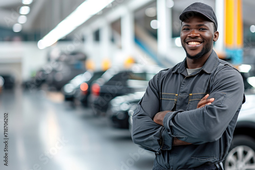 cheerful african american auto mechanic standing with crossed arms © PixelGallery