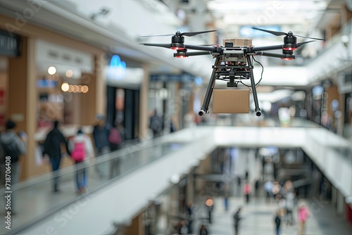Warehouse automation drone delivery shopping centers and malls. Drones package tracking aircraft logistic air mobility in context of Advanced Air Mobility (AAM). Air vehicles trade online shopping.