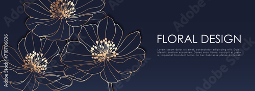Luxurious dark blue vector floral design with golden outlines of lush flowers. Floral background, poster, banner, wallpaper, cover design.