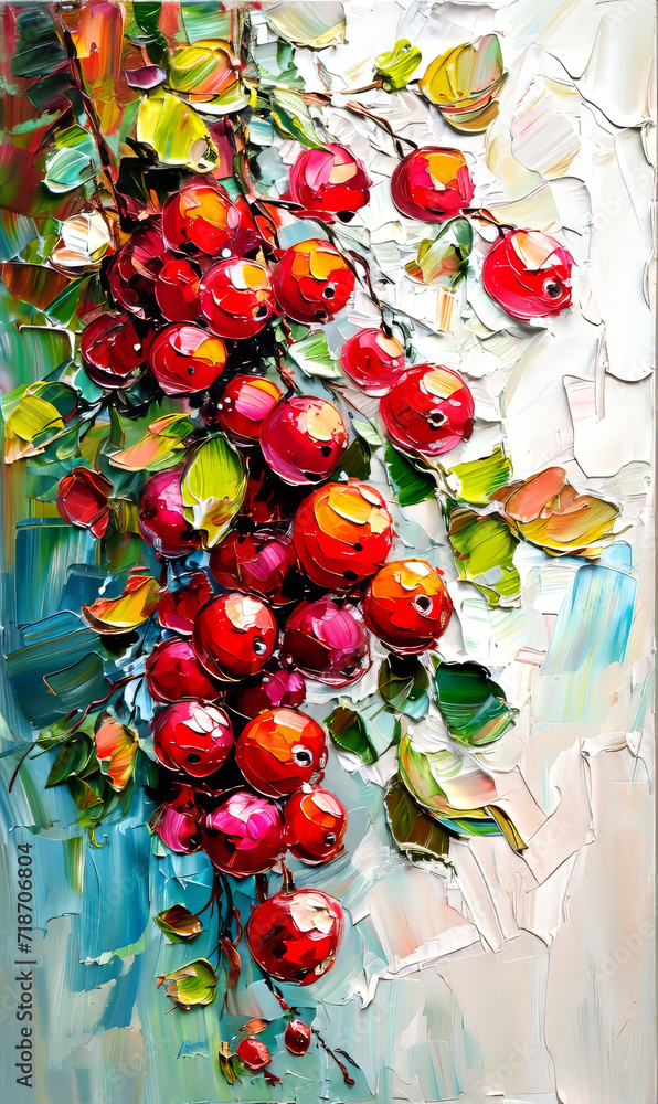 Oil painting of red currant berries on a color canvas. Abstract background.