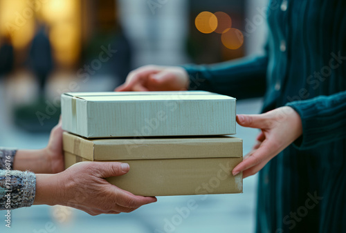 Delivery, cardboard box and man holding a package for courier business company or moving in concept. Closeup, cropped and parcel handover to consumer for online shopping, ecommerce or shipment © MalamboBot/Peopleimages - AI