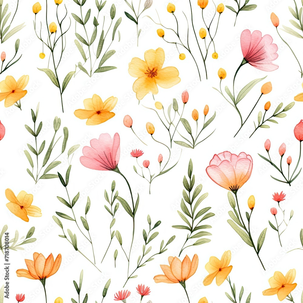 Watercolor Flowers on White Background - Seamless Patterns for Various Design Projects