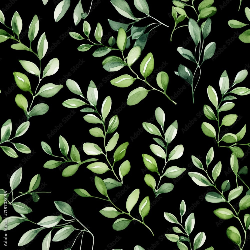 Seamless Pattern of Green Leaves on Black Background Seamless Pattern of Green Leaves on Black Background
