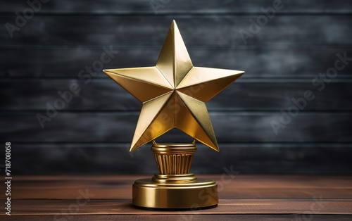 a gold star-shaped trophy glistening on a black background. generative AI