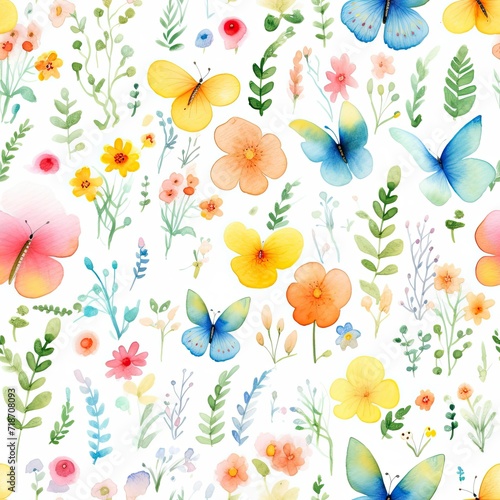 Wallpaper Mural Watercolor Butterflies and Flowers on White Background Torontodigital.ca