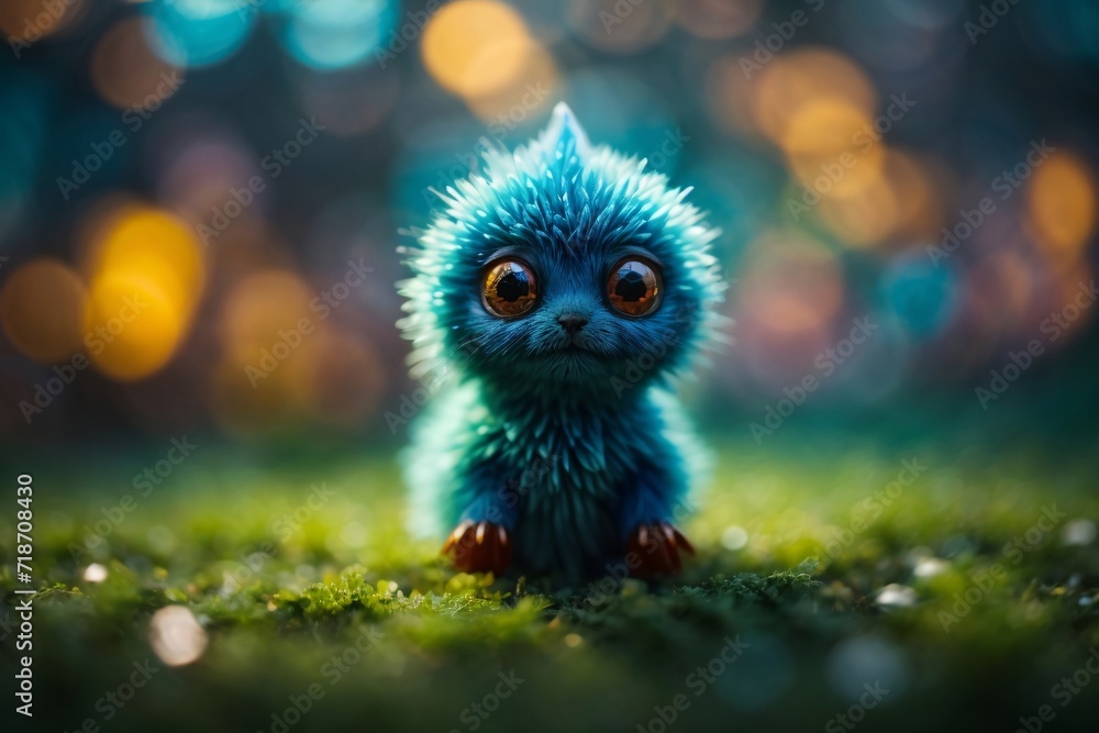 cute tiny and furry colorful spirit creature with a dynamic contrast and bokeh magic.