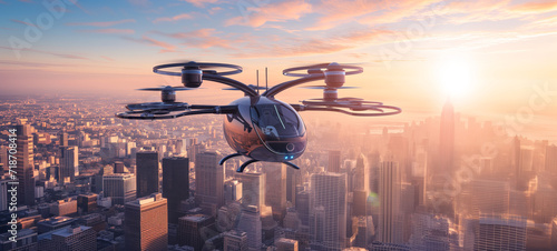 Passenger drone taxis fly in the sky over modern city  photo