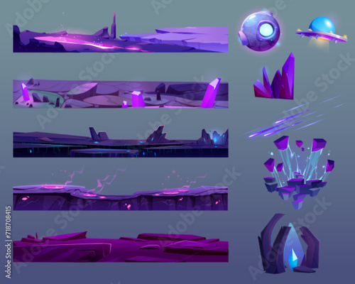 Game ui elements set for space design. Cartoon vector illustration kit of floating alien planet ground platform with purple surface, magic portal and explosion effect, gemstone and spaceships.