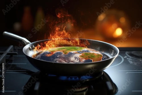 Conceptual image of the planet earth on a cooking pan. Concept of Global warming
