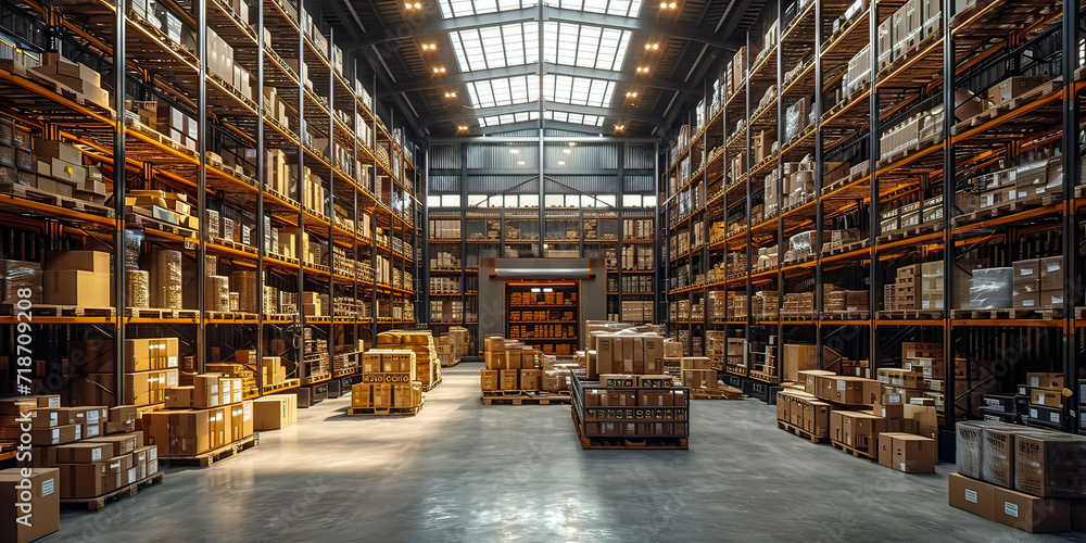 A large retail warehouse filled with shelves with many products stored on carts in cardboard boxes and packages. Logistics. Inventory control. Template for advertising, marketing or presentation. A large retail warehouse filled with shelves with many products stored on carts in cardboard boxes and packages. Logistics. Inventory control. Template for advertising, marketing or presentation.