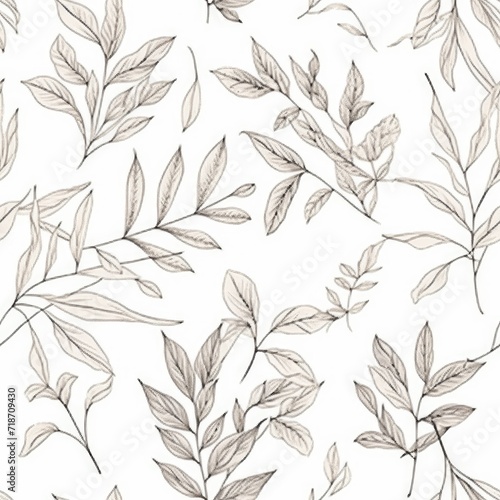 Seamless Pattern, Drawing of Leaves on White Background