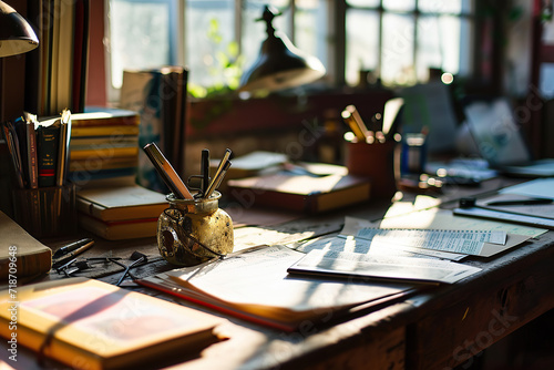 Teacher's desk or workspace with ducational materials, books, papers, and teaching tools used in lesson planning.