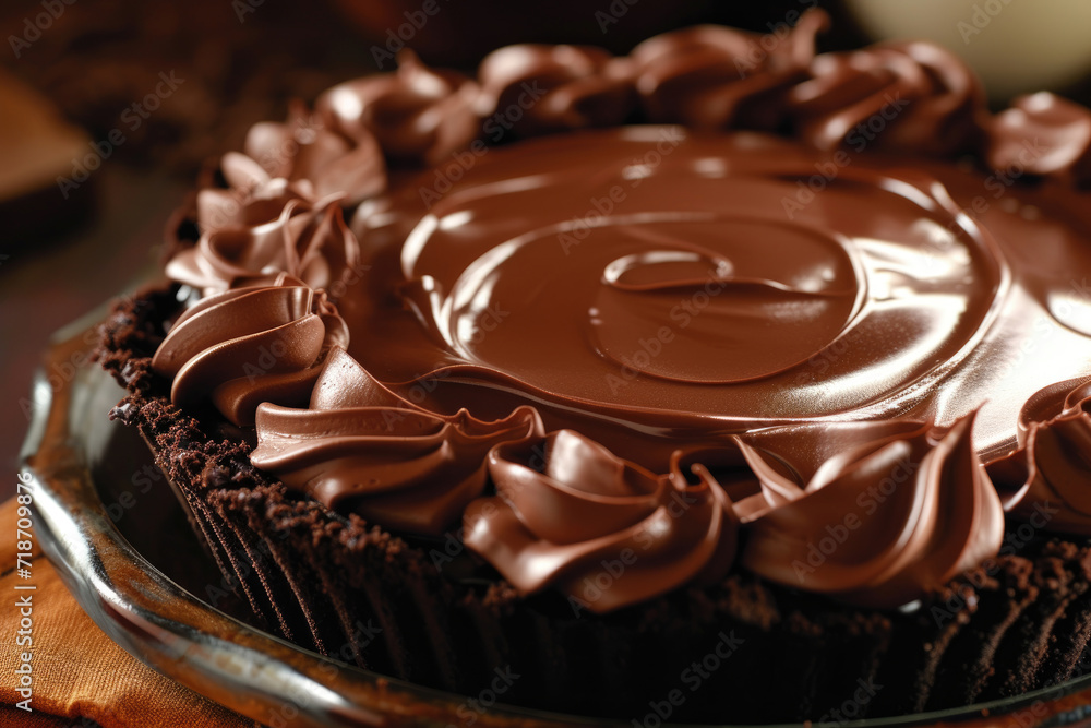 A chocolate silk pie, characterized by its velvety, smooth chocolate filling and a buttery crust