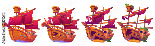 Wrecked wooden ship animation set isolated on white background. Vector cartoon illustration of old sailboat with torn scarlet sails, broken bottom, board covered with seaweeds, shipwreck sprite sheet