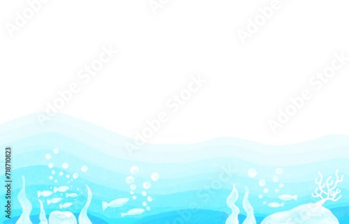 グラデーションの水色を背景に魚が入った水の中の背景素材イラスト