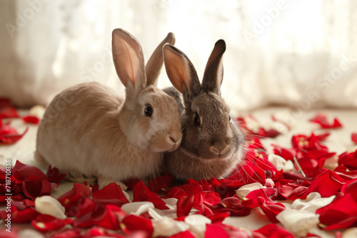 A pair of adorable bunnies snuggle together surrounded by a scattering of red and white rose petals.