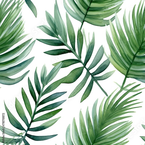 Watercolor Painting of Green Leaves on White Background