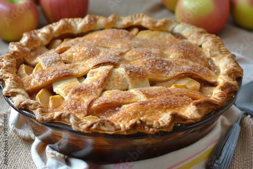 A classic American apple pie with a golden-brown crust