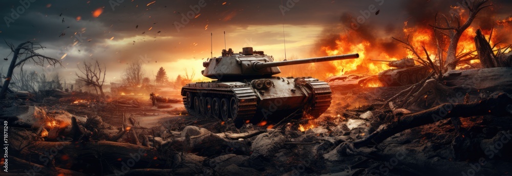 The intensity of war unfolds as tanks advance, accompanied by the ominous glow of flames from a detonated grenade. The intensity of war unfolds as tanks advance, accompanied by the ominous glow of flames from a detonated grenade.
