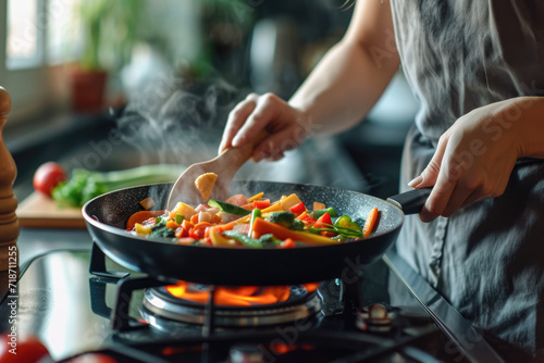 Close-up of female hands cooking vegetable stir fry in frying pan