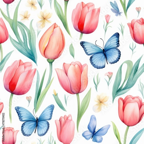 Pattern  Flowers and Butterflies on White Background  Seamless Painting