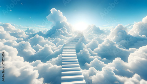 Ethereal steps ascending to the blue skies. Generative AI.