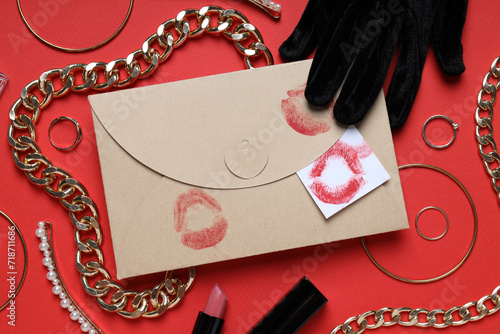 Imprint of a kiss on a letter with lipstick.