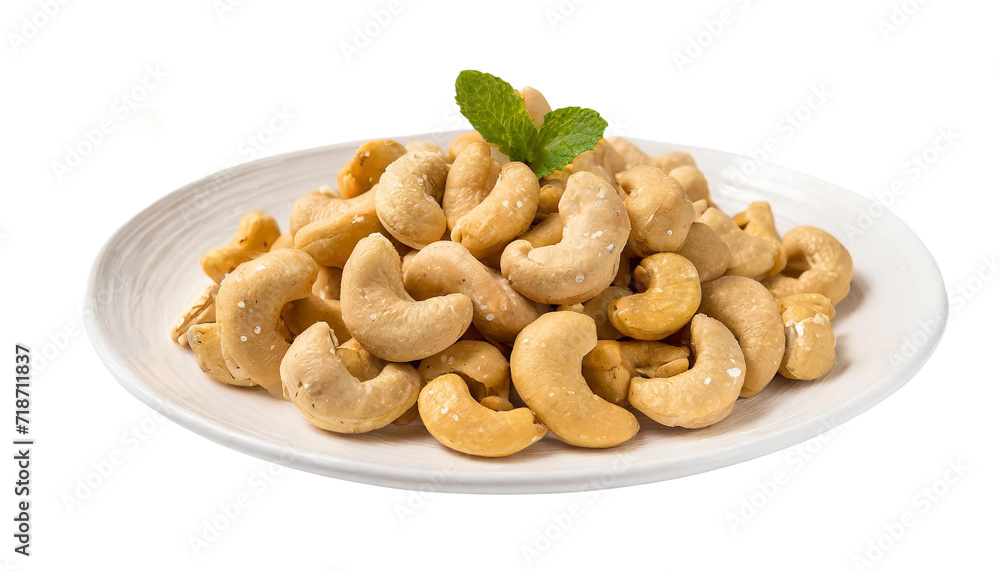 Roasted cashew nuts on white plate, isolated on transparent background Roasted cashew nuts on white plate, isolated on transparent background