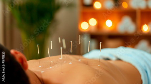 Acupuncture in a spa salon. Selective focus. photo