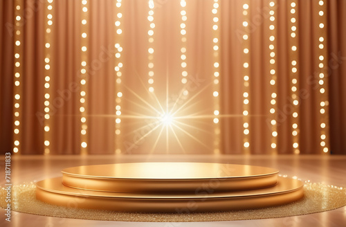 A golden sparkling empty scene. Podium on a beige background, on a backdrop of a bokeh for the product presentation. Showcase, display case.