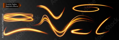 Light wave,shiny gold lines.Color glowing design element.Wavy bright stripes.Vector illustration.
