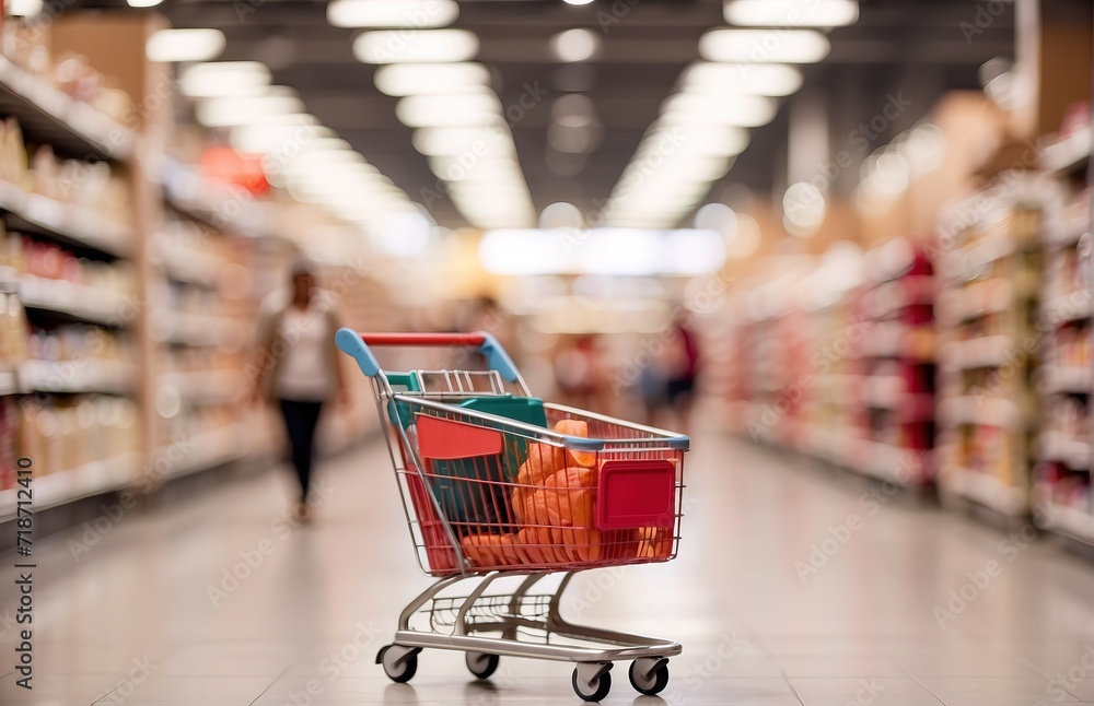 Shopping at the grocery store with a shopping cart