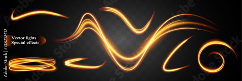 Light wave,shiny gold lines.Color glowing design element.Wavy bright stripes.Vector illustration.
