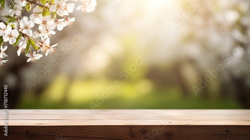Spring background with empty wooden table. Empty wooden table in spring blooming cherry orchard during sunny day. Natural template for product display with cherry blossoms bokeh. Generative Ai