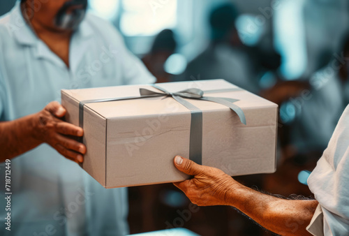 Delivery, cardboard box and man holding a package for courier business company or moving in concept. Closeup, cropped and parcel handover to consumer for online shopping, ecommerce or shipment photo