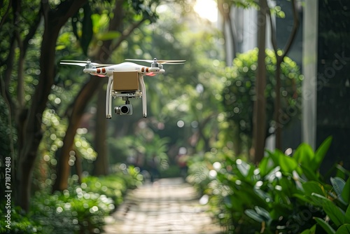 Garden of green tech, drone delivery smart home. Urban air transportation, rotor technology eVTOL packages and parcels delivered. Aerial home delivery logistic of modern transportation technology. photo