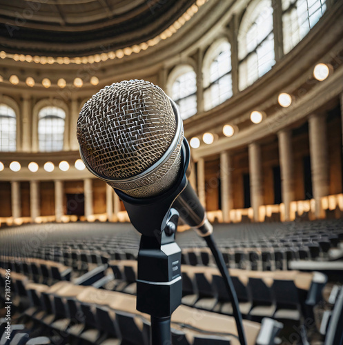 Close up of a microphone grill screen on the stage of a empty auditorium. Created using artificial intelligence.