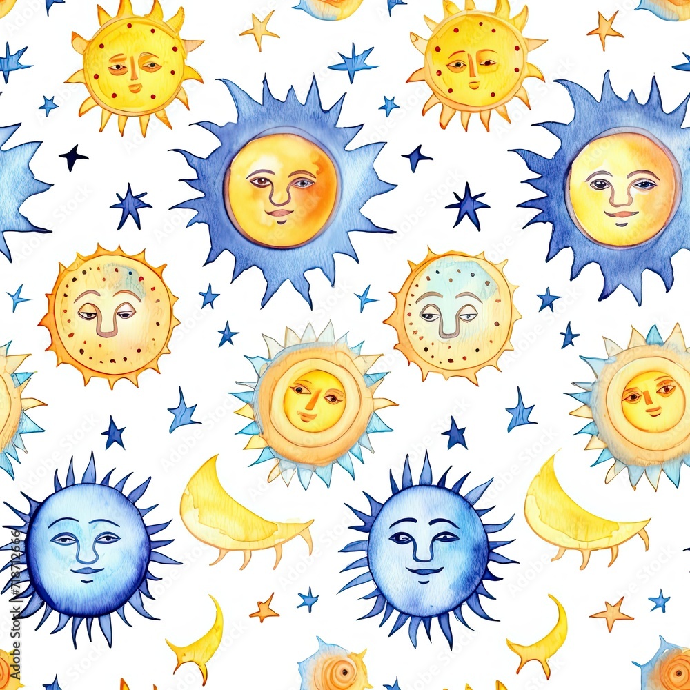 Painting of Sun and Moon Faces on White Background Painting of Sun and Moon Faces on White Background