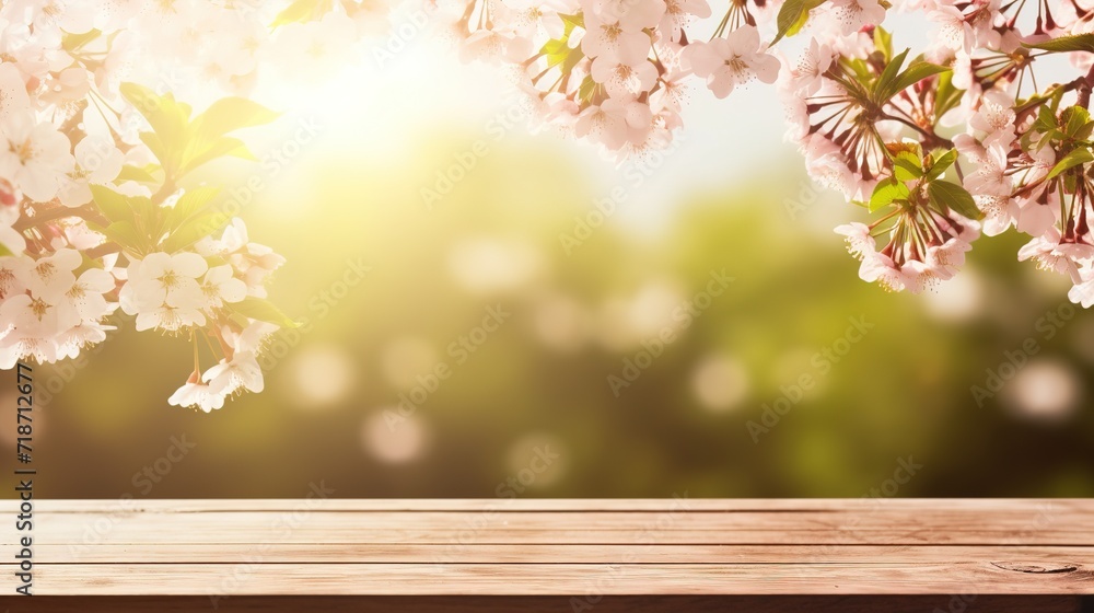 Spring background with empty wooden table. Empty wooden table in spring blooming cherry orchard during sunny day. Natural template for product display with cherry blossoms bokeh. Generative Ai Spring background with empty wooden table. Empty wooden table in spring blooming cherry orchard during sunny day. Natural template for product display with cherry blossoms bokeh. Generative Ai