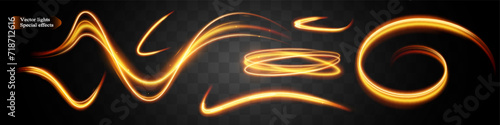 Light wave,shiny gold lines.Color glowing design element.Wavy bright stripes.Vector illustration.
