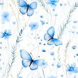 Seamless Pattern of Blue Butterflies and Flowers on a White Background