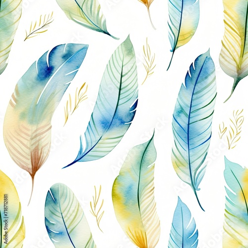 Vibrant Watercolor Painting of Blue and Yellow Feathers © Piotr