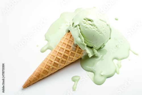 Delicious creamy green pistachio ice cream cone isolated on a white background photo